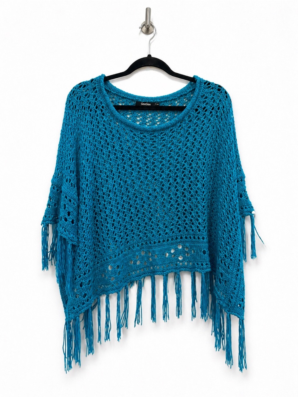 GeeGee Women’s Crochet Fringe Poncho Top Teal Boho Festival Cover Up S/M relaxed
